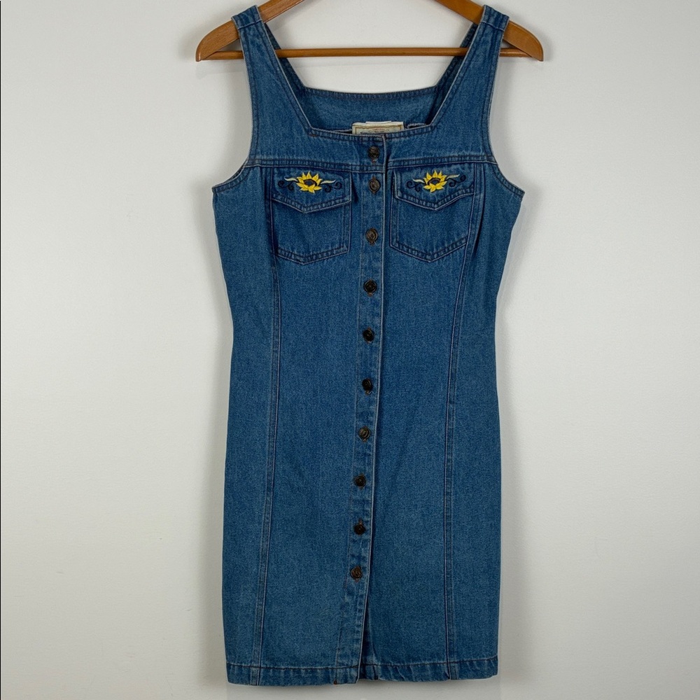 Tickets Women’s 9/10 Denim Button-Front Sunflower Embroidered Dress 90s Festival